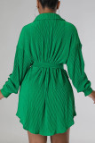 Rose Red Casual Solid Patchwork Buckle Fold Turndown Collar Dresses
