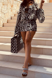 Black Sexy Animal Print Patchwork V Neck Waist Skirt Dresses