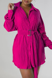 Rose Red Casual Solid Patchwork Buckle Fold Turndown Collar Dresses