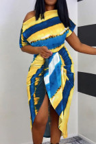Yellow Blue Casual Print Patchwork Asymmetrical Oblique Collar Irregular Dress Dresses