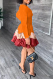 Orange Casual Solid Patchwork Fold O Neck Long Sleeve Dresses