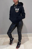 Black Casual Print Patchwork Basic Hooded Collar Tops