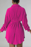 Rose Red Casual Solid Patchwork Buckle Fold Turndown Collar Dresses