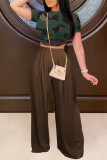 Coffee Casual Solid Patchwork Regular High Waist Conventional Solid Color Bottoms