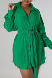 Rose Red Casual Solid Patchwork Buckle Fold Turndown Collar Dresses