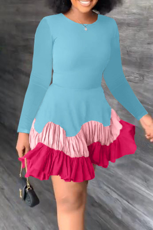 Blue Casual Solid Patchwork Fold O Neck Long Sleeve Dresses