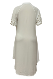 White Casual Solid Buckle V Neck Straight Dresses