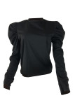 Black O Neck Puff sleeve Long Sleeve Patchwork Hole Solid Burn-out