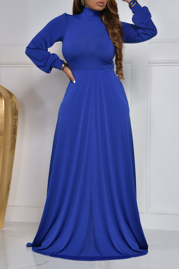 Blue Casual Elegant Solid Patchwork Turtleneck Long Sleeve Dresses