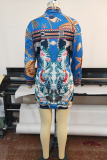 Blue Street Print Patchwork Turndown Collar Printed Dress Dresses( without belt)