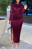 Blue Casual Solid Patchwork Slit Fold O Neck One Step Skirt Dresses