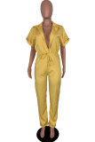 Yellow Fashion Sexy Solid zipper Patchwork Button Short Sleeve Turndown Collar Jumpsuits