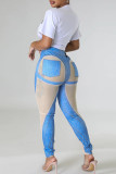 Blue Casual Print Patchwork Skinny High Waist Pencil Patchwork Trousers