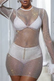 White Sexy Patchwork Hollowed Out See-through Feathers O Neck Long Sleeve Dresses