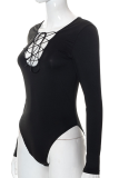 Black Sexy Solid Hollowed Out V Neck Skinny Bodysuits