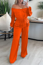 Tangerine Red Casual Solid Patchwork Pocket Fold Off the Shoulder Straight Jumpsuits