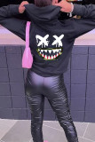 Black Casual Print Patchwork Basic Hooded Collar Tops