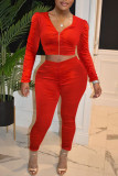 Red Casual Sportswear Solid Patchwork Fold Zipper Zipper Collar Long Sleeve Two Pieces