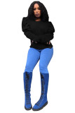 Black O Neck Puff sleeve Long Sleeve Patchwork Hole Solid Burn-out