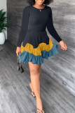 Orange Casual Solid Patchwork Fold O Neck Long Sleeve Dresses