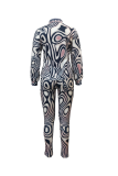 Coffee Sexy Print Patchwork Turndown Collar Long Sleeve Two Pieces