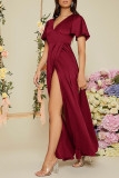 Red Casual Elegant Solid Patchwork Slit V Neck Straight Dresses