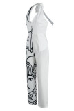 White Casual Print Bandage Patchwork Backless Straight Jumpsuits