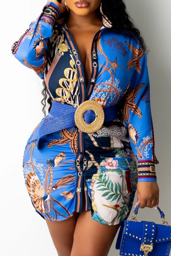 Blue Street Print Patchwork Turndown Collar Printed Dress Dresses( without belt)