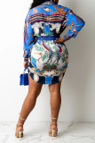 Blue Street Print Patchwork Turndown Collar Printed Dress Dresses( without belt)