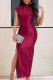 Burgundy Elegant Solid Patchwork Slit Fold Half A Turtleneck One Step Skirt Dresses