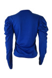 Blue O Neck Puff sleeve Long Sleeve Patchwork Hole Solid Burn-out
