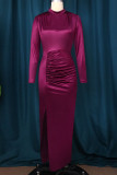 Blue Casual Solid Patchwork Slit Fold O Neck One Step Skirt Dresses