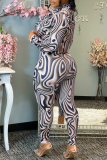 Coffee Sexy Print Patchwork Turndown Collar Long Sleeve Two Pieces