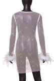 White Sexy Patchwork Hollowed Out See-through Feathers O Neck Long Sleeve Dresses