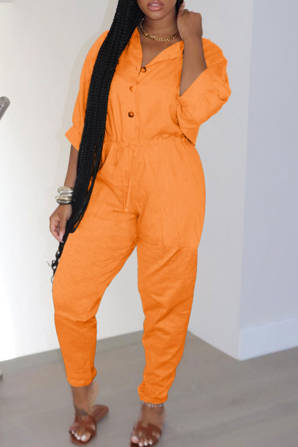 Orange Casual Solid Patchwork Turndown Collar Regular Jumpsuits