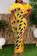 Yellow Elegant Print Patchwork Fold Off the Shoulder One Step Skirt Dresses