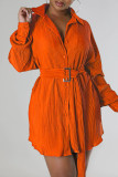 Rose Red Casual Solid Patchwork Buckle Fold Turndown Collar Dresses