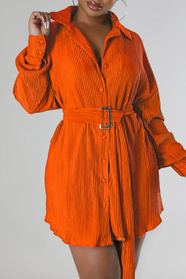 Tangerine Red Casual Solid Patchwork Buckle Fold Turndown Collar Dresses