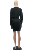 Red Sexy Solid Tassel Patchwork O Neck Pencil Skirt Dresses