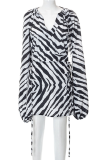 Black Sexy Animal Print Patchwork V Neck Waist Skirt Dresses