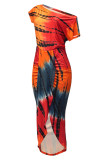 Tangerine Red Casual Print Patchwork Asymmetrical Oblique Collar Irregular Dress Dresses
