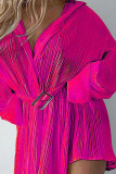 Rose Red Casual Solid Patchwork Buckle Fold Turndown Collar Dresses