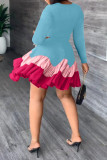 Orange Casual Solid Patchwork Fold O Neck Long Sleeve Dresses
