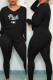 Black Casual Letter Print Slit V Neck Long Sleeve Two Pieces