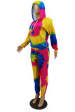 Yellow Casual Print Tie Dye Patchwork Hooded Collar Long Sleeve Two Pieces