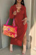 Red Casual Solid Slit V Neck Long Sleeve Dresses