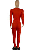 Red Casual Sportswear Solid Patchwork Fold Zipper Zipper Collar Long Sleeve Two Pieces