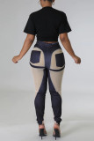 Blue Casual Print Patchwork Skinny High Waist Pencil Patchwork Trousers