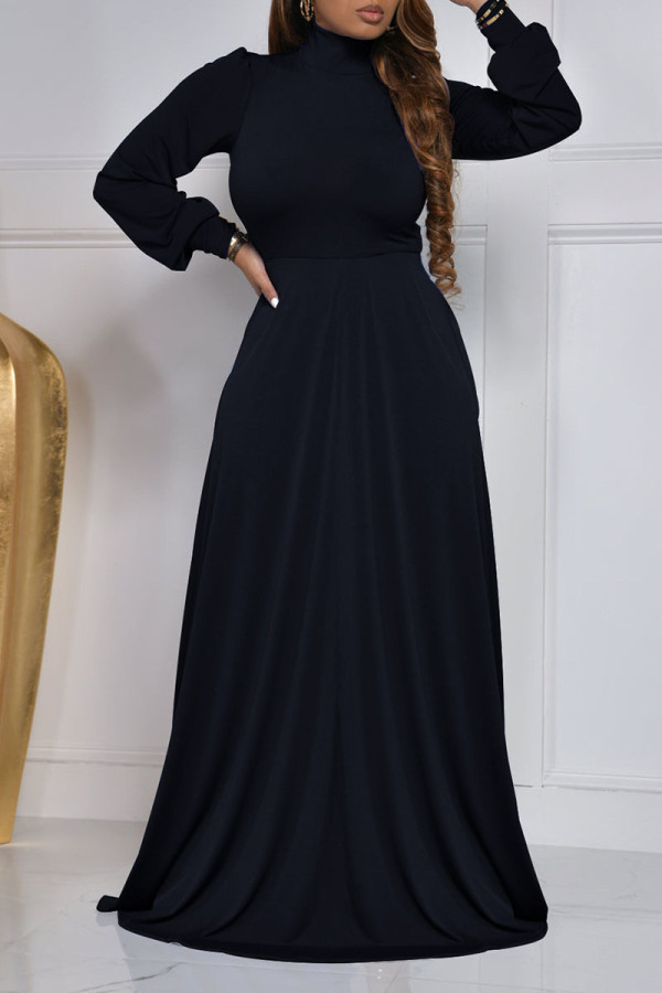 Black Casual Elegant Solid Patchwork Turtleneck Long Sleeve Dresses