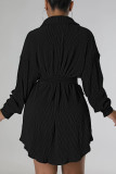 Rose Red Casual Solid Patchwork Buckle Fold Turndown Collar Dresses